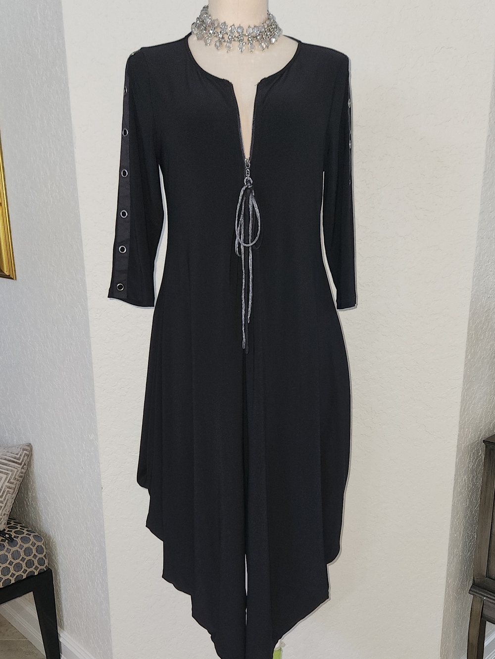 Black Asymmetrical Half Zip with Grommet Sleeve Detail Jumpsuit